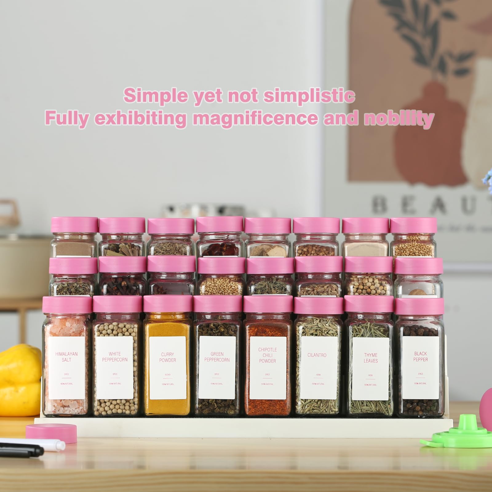 TESUNMU Pink Spice Jars with Label，4oz Seasoning Containers, Glass Spice Bottles with Shaker Lids,Funnel, Chalk Pen (Pink, 24)