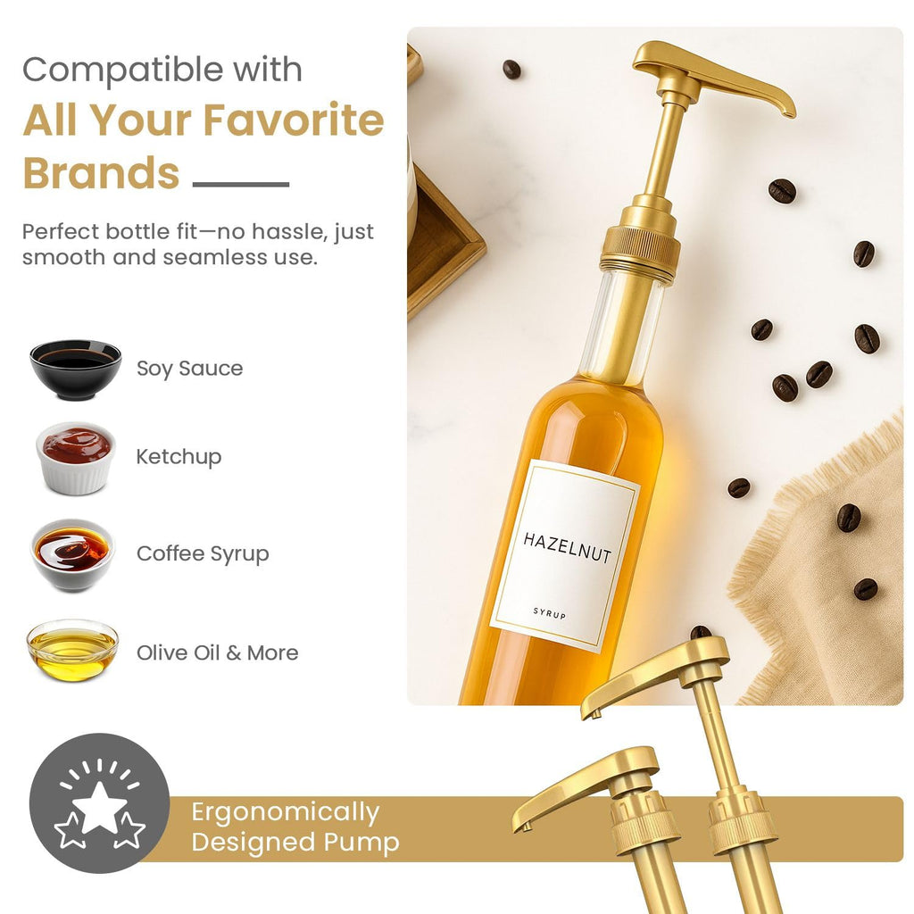 Torani Gold Plastic Syrup Pumps - 2-Pack for 750ml Bottles - Ideal Coffee Dispenser - Not for Glass