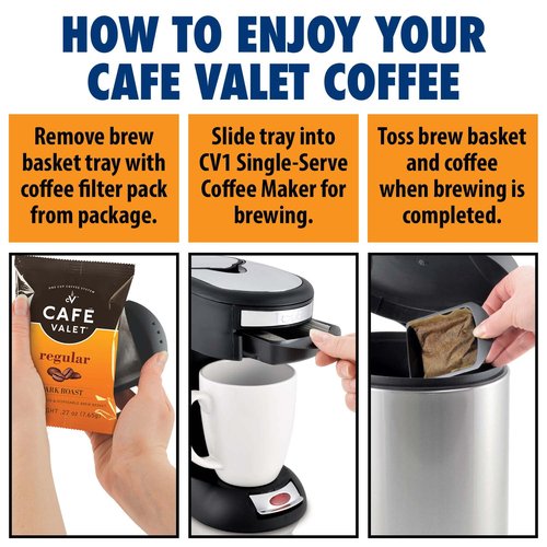 Café Valet Regular Dark Roast Single Serve Coffee Packets – 84 Count – For Use with Café Valet Single Serve Cofee Makers – Disposable Brew Basket & Cofee Pack