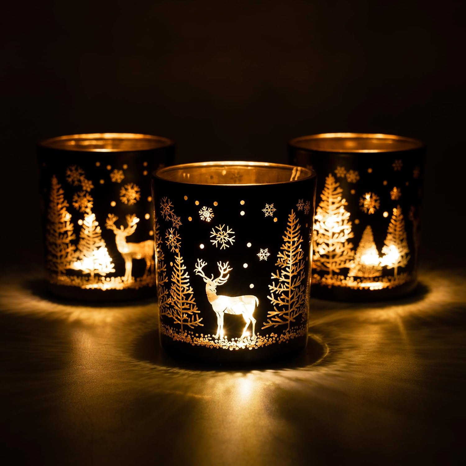 Skiennix Votive Candle Holders - Black & Gold Glass Tealight Set of 3 | Festive Elk, Tree & Snowflake Design for Holiday Decor