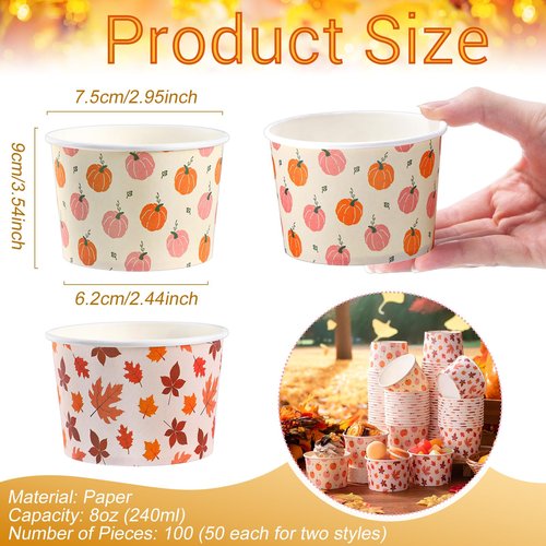 Jingmore 100 Pcs 8 oz Fall Treat Snack Cups Pumpkin Maple Leaves Disposable Paper Bowls Thanksgiving Orange Party Favors Paper Bowls for Hot or Cold Food Autumn Party Supplies