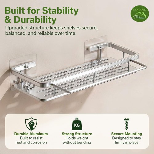 EVALAND Shower Caddy - Adhesive 2-Pack with Hooks & Rod for Towels | Premium Rustproof Bathroom Organizer in Silver
