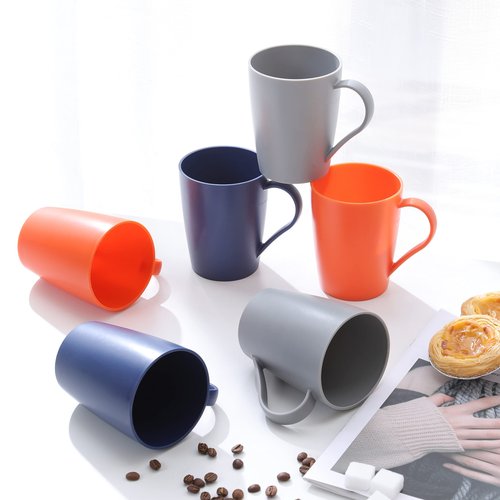 Hawnn Coffee Mugs Set of 6, 12 Ounce Unbreakable Coffee Cups with Handle, 3 Basic Colors, Reusable Plastic Mugs Dishwasher Safe