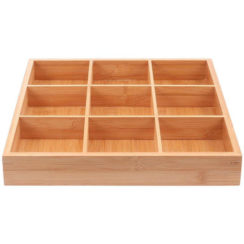Cabilock 9-Compartments Wooden Divided Tray, Square Bamboo Serving Party Platter for Dry Fruits Snacks Candy and Dips, Space-Saving Shallow Drawer Organizer -13.2 x1.57 inch