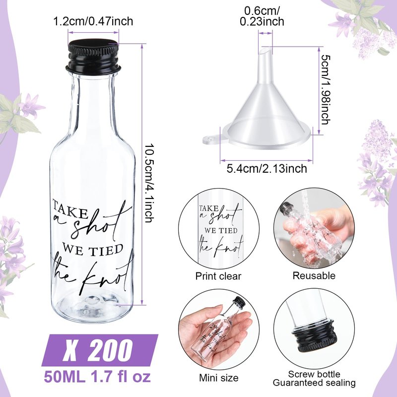 Bokon 200 Pcs Mini Wedding Liquor Bottles Take a Shot We Tied The Knot Shot Glasses for Guests 1.7 Fl Oz/ 50 ml Plastic Reusable Empty Bottle with Cap Funnel Acrylic Mini Glasses for Bridal (Black)