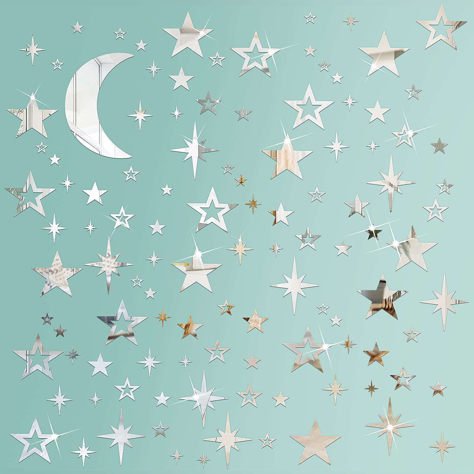 Shappy 100 Pcs Acrylic Moon Star Mirror Wall Stickers Decal 3D Acrylic Mirror Stickers Removable Decal for Room Good Night Nursery House Bedroom Wall Decor(Silver)
