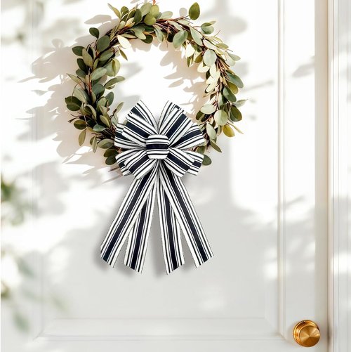 Christmas Black Burlap Wreath Bow - 20 x 11 Inches | Stylish Black & White Stripes for Home Decor