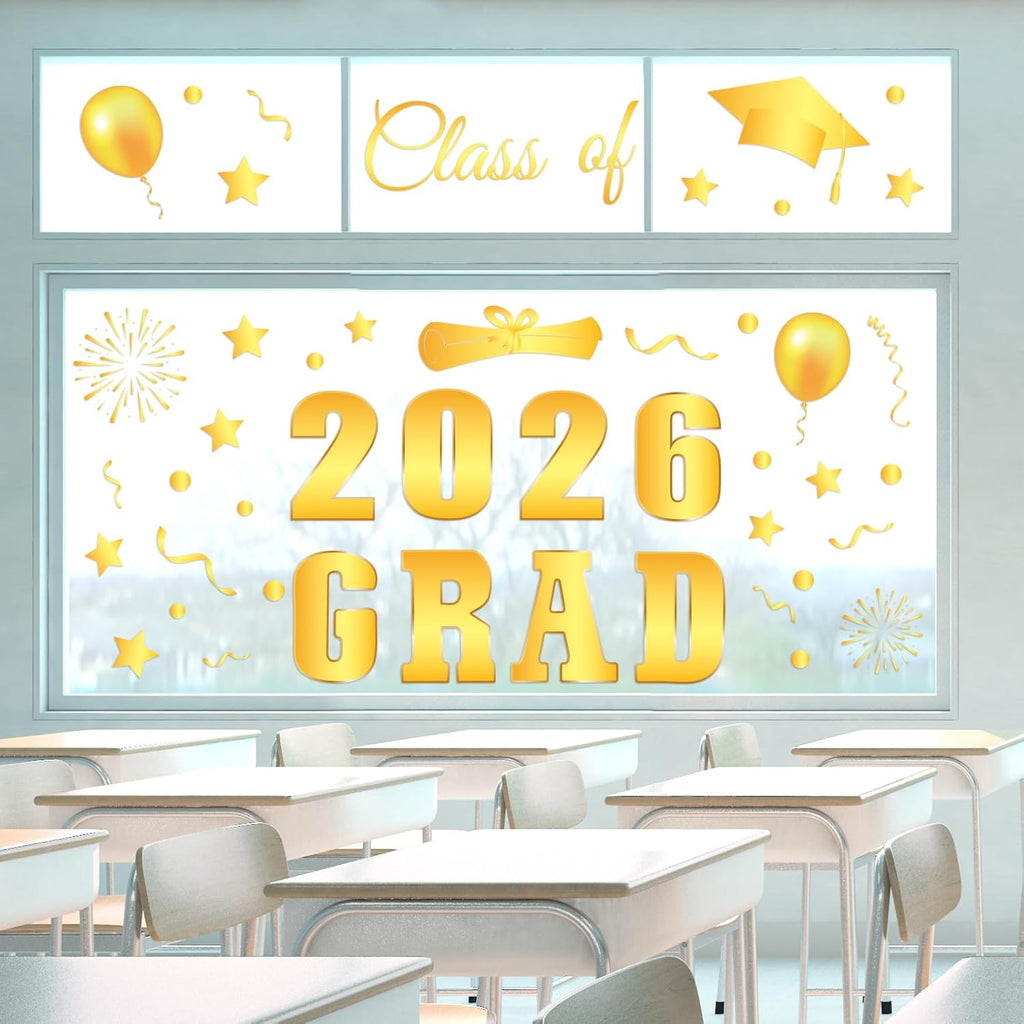 Whaline Graduation Window Clings - Class of 2026 Gold Foil Reusable Decals for Home & School Decor