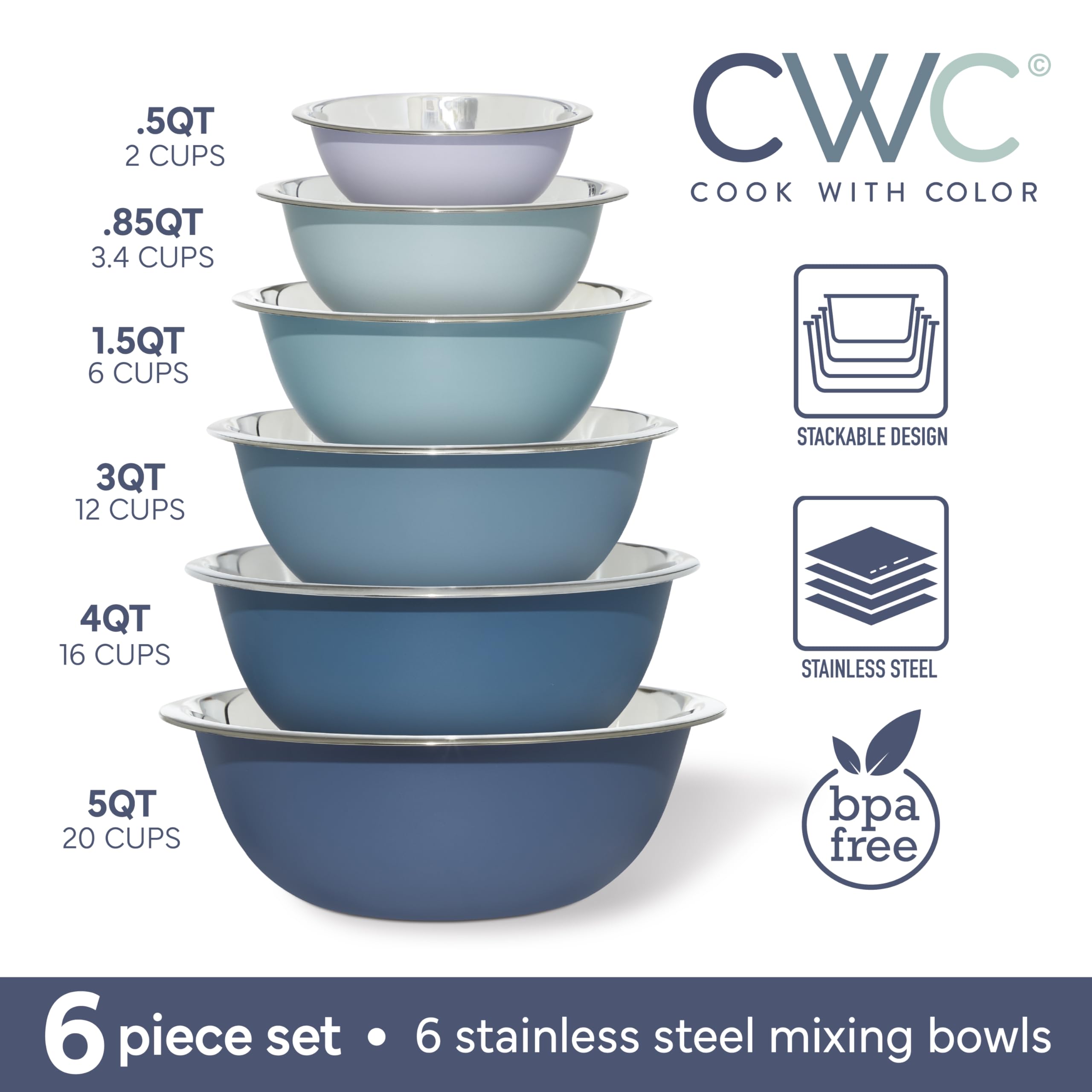 COOK WITH COLOR Stainless Steel Mixing Bowls Set - Nesting Bowls, 6 Pieces, Blue