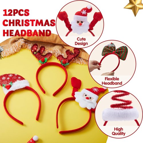 JOYIN Christmas Headbands - 12 Assorted Designs for Holiday Parties | Unisex One Size Fits All