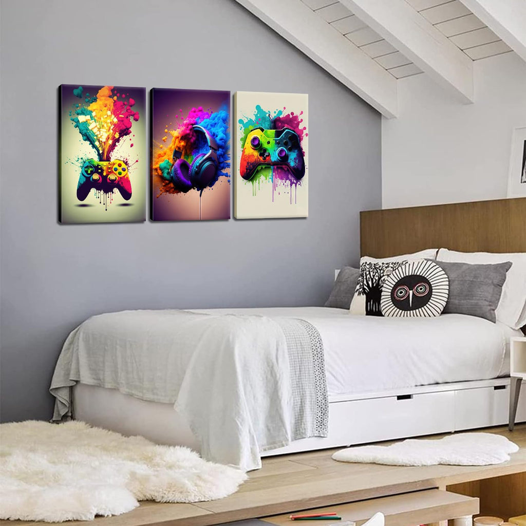 Skiennix Framed 3-Piece Game Room Wall Art - Neon Video Game Graffiti Posters | 12x16 Inch Decor