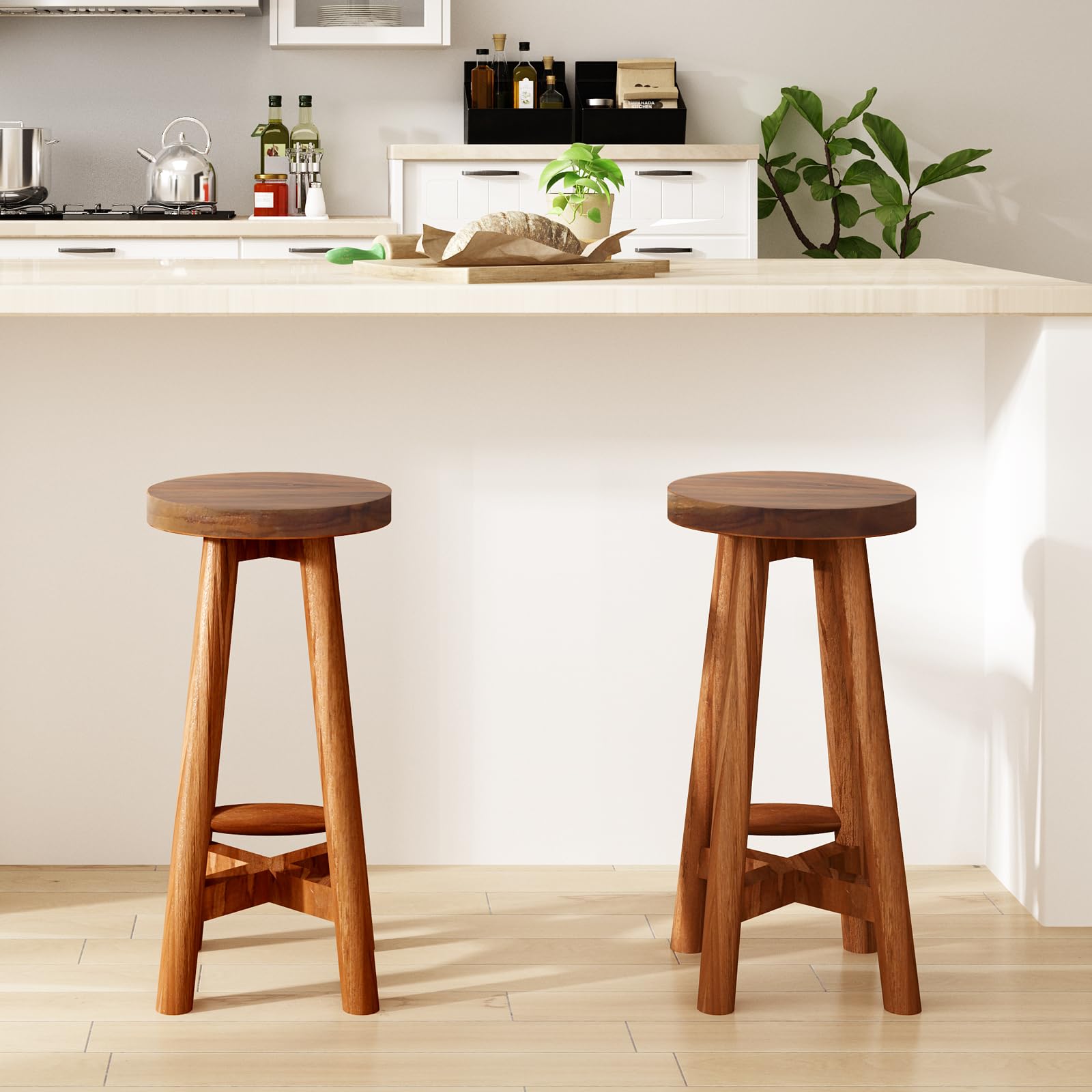 JOLLYMER Solid Teak Wood Barstool with Round Seat for Kitchen Counter, Home Bar Furniture, 24-Inch Height