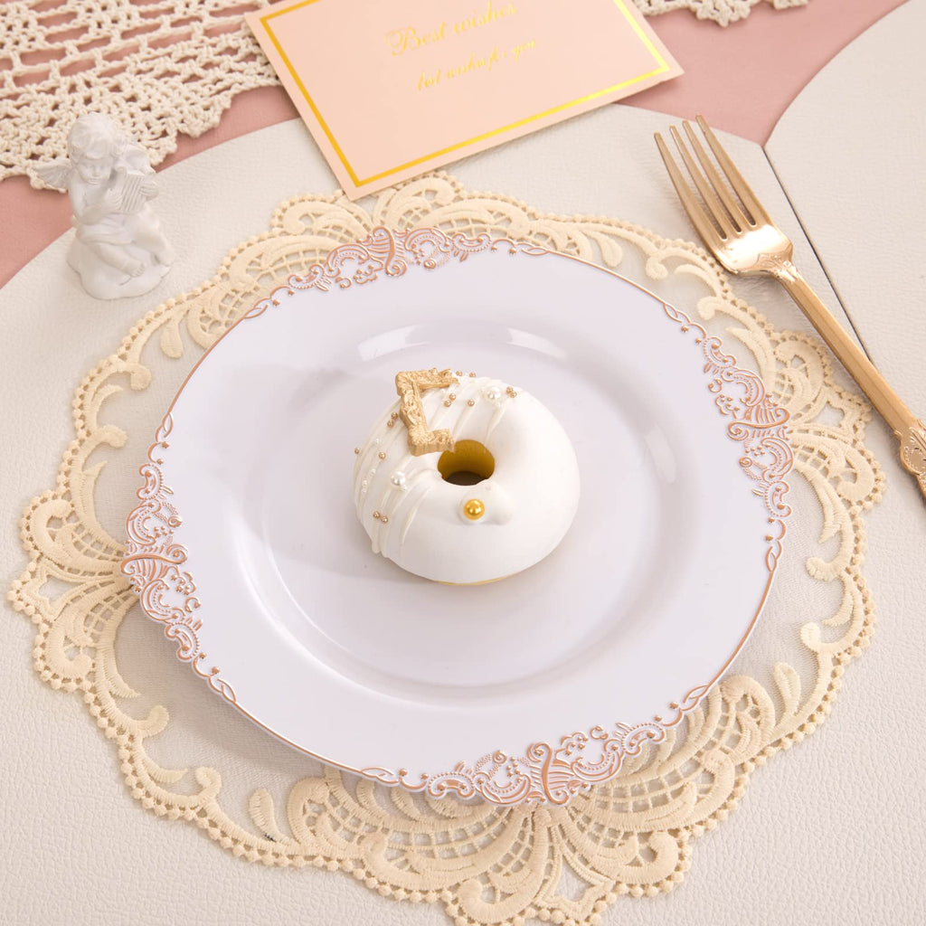 Morejoy 100pcs Plastic Plates - Disposable - 7.5 inch White and Rose Gold Dessert Plates for Weddings & Parties & Shower