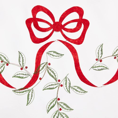 Violet Linen Christmas Holly Leaves Poinsettia Ribbon Bows Polyester Embroidered with Trim Border Tablecloths, 70" X 88", White