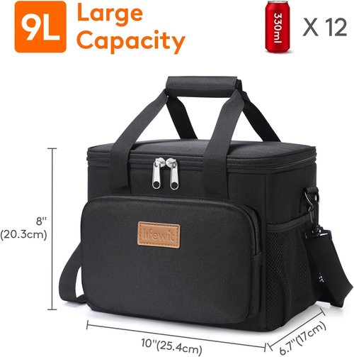 Lifewit Insulated Lunch Bag - Soft Cooler Tote for Adults | Black, 12-Can Capacity (9L)