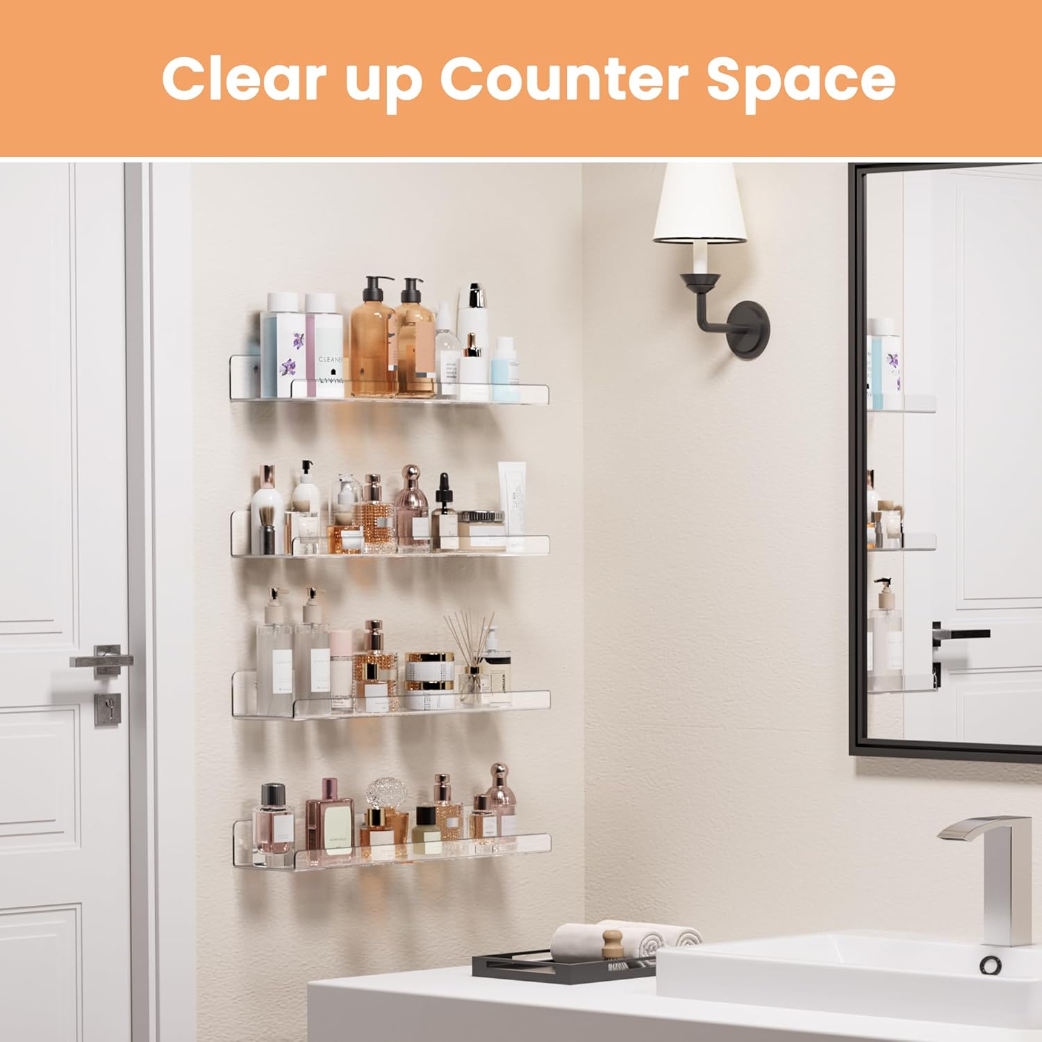 Upsimples Acrylic Floating Shelves - Versatile Wall Organizer for Bathroom, Bedroom & Living Room | Clear, 15" - 4 Pack