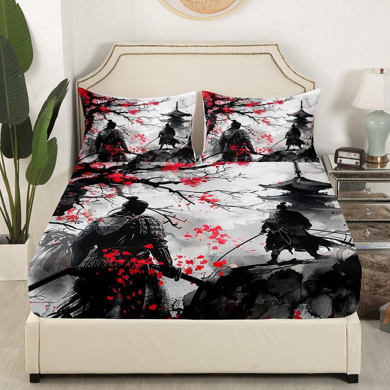 Feelyou Japanese Samurai Sheet Set King Size Kids Japanese Ukiyoe Sheets with Deep Pocket Fitted Sheet for Boys Girls Teens Cherry Blossoms Home Decor Bed Sheets Set Japanese-Style Bedding Set