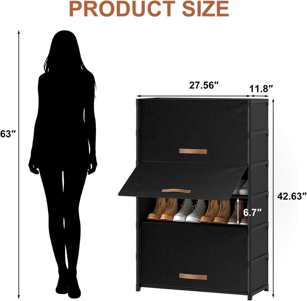 Skiennix 7-Tier Shoe Rack - Stylish Storage Cabinet for 28 Pairs | Black Plastic Organizer for Closet & Entryway