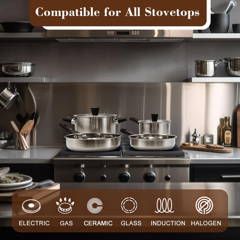 6-Piece Stainless Steel Pots and Pans Set, Kitchen Cookware Set with Stay-Cool Handles Compatible with Gas, Electric & Induction, Dishwasher Safe, Non-Toxic & Durable for Everyday Cooking