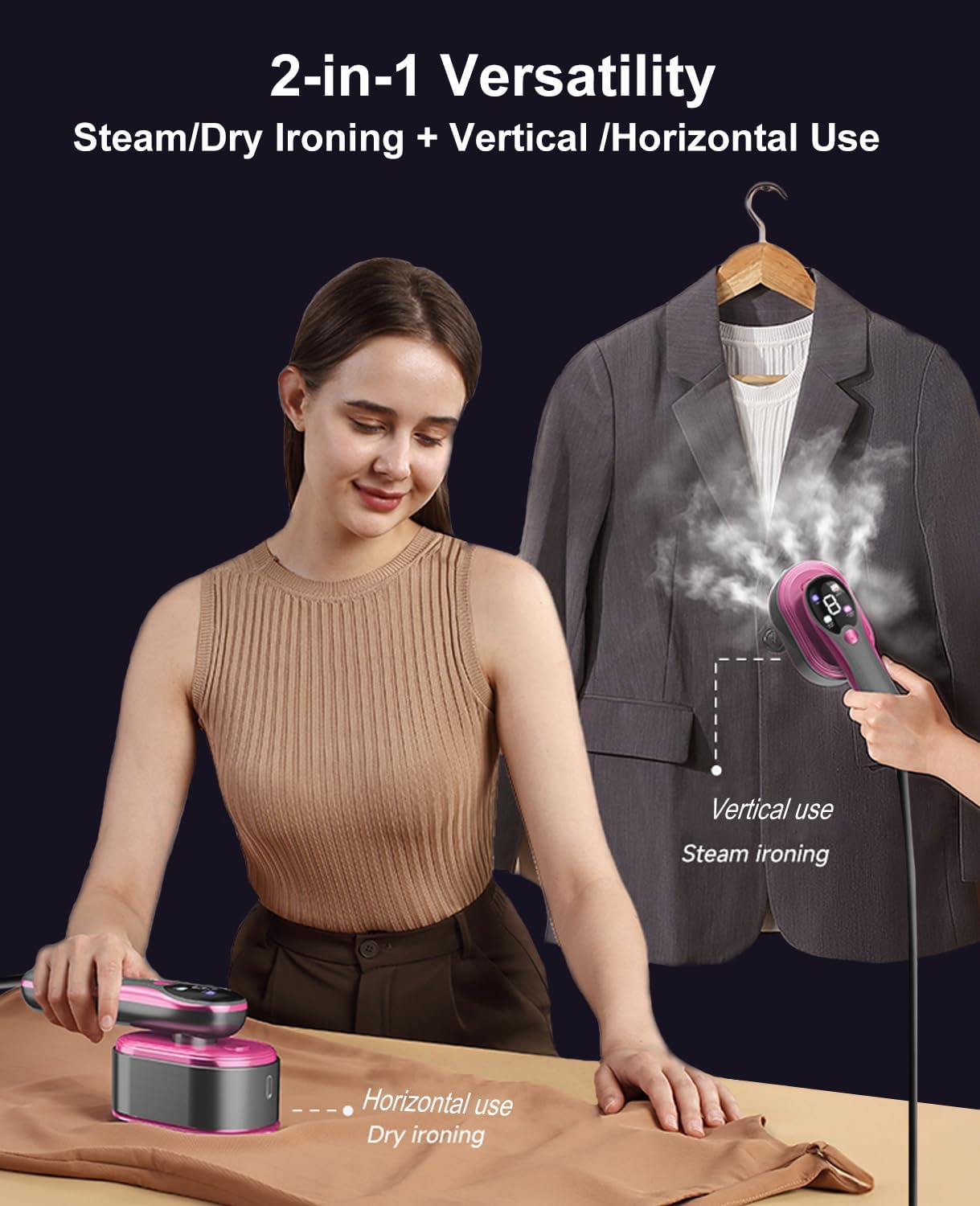 Skiennix 2-in-1 Portable Handheld Steamer & Iron - Fast Heat-Up, LED Display, Large Ceramic Panel, Purple