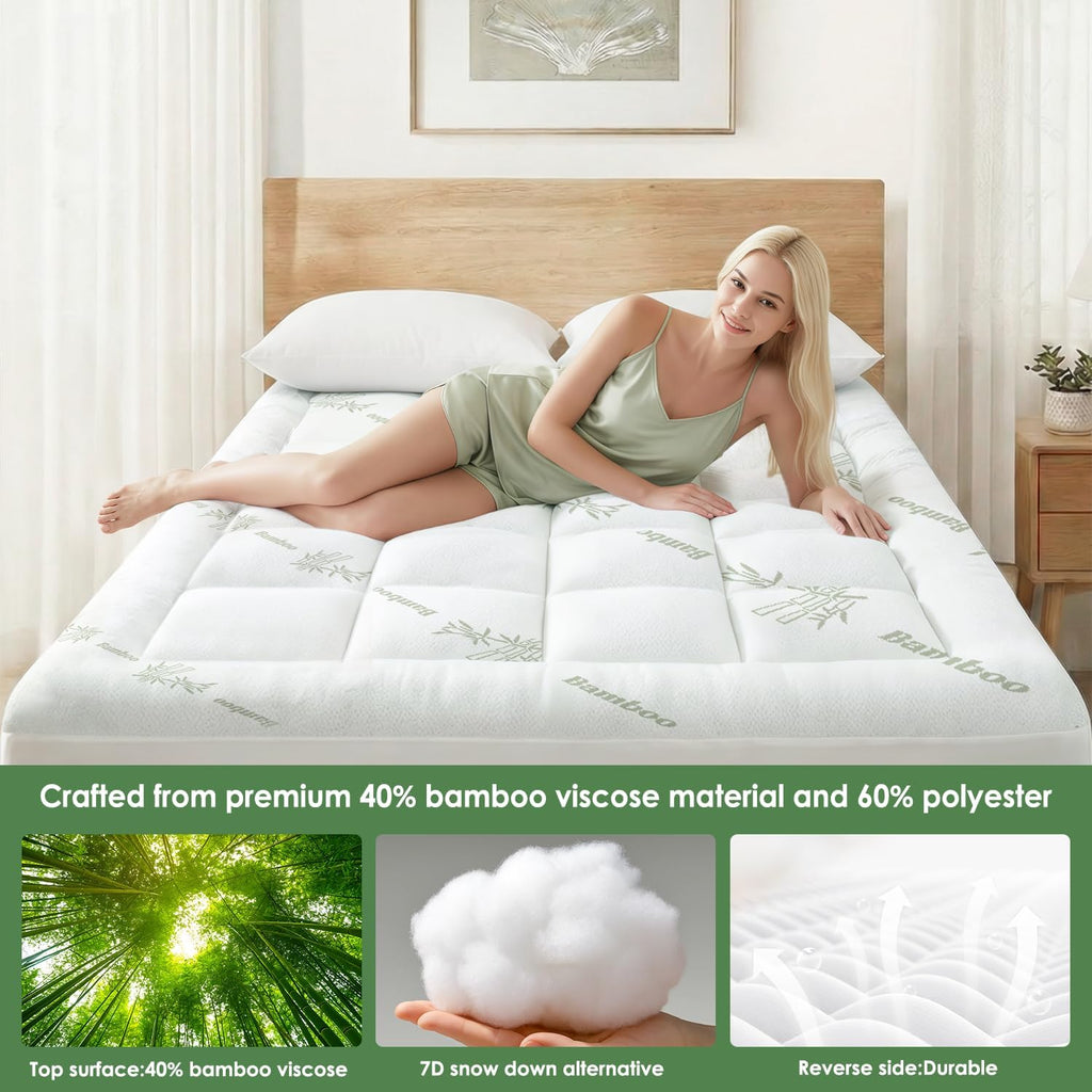 Skiennix Queen Mattress Topper - Cooling Bamboo Viscose Pillow Top Pad | Deep Pocket for 8"-18" Mattresses, Green