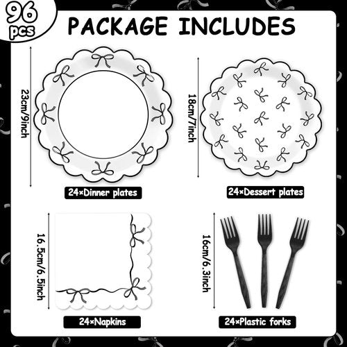 Bowtique 96-Piece Black & White Bow Party Decorations | Elegant Tableware for 24 Guests