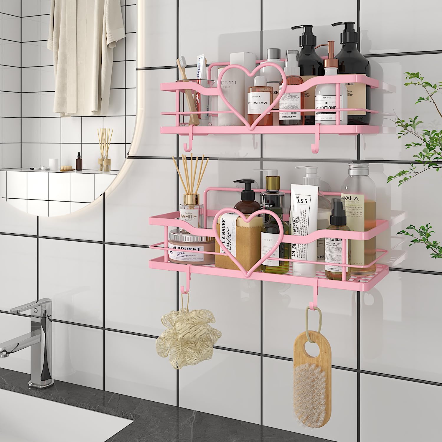 Skiennix Pink Shower Caddy - 4 Removable Hooks | No-Drill Adhesive Organizer for Bathroom & Kitchen