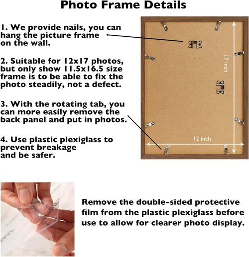 JCJMY 12x17 Picture Frame - Brown Wall Hanging Frame with Shatter Resistant Plexiglass | Horizontal & Vertical Display