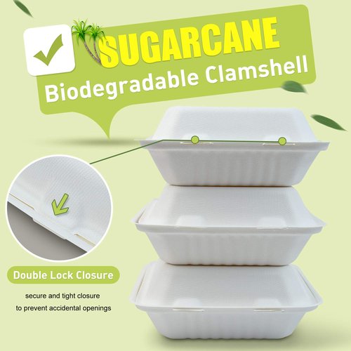 Green Earth 8-Inch, 100-Count, 1-Compartment, Compostable Clamshell, Natural Bagasse, Take-Out/to-Go Boxes - Biodegradable Containers