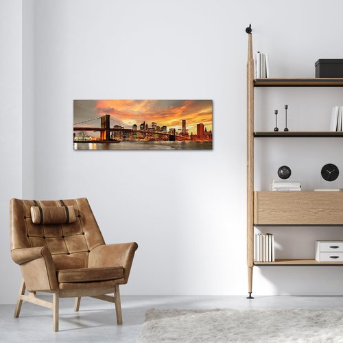 NutArtPic Brooklyn Bridge Canvas Wall Art Large New York City Picture Print Manhattan Night Skyline Painting On Canvas Modern Artwork For Living Room Home Decor 16''x40''x1 panel