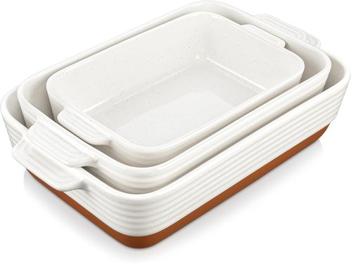 MALACASA Casserole Dishes Set of 3 - Ceramic Baking Pans with Handles | Rectangular Khaki White (14.5''/13''/10.5'')
