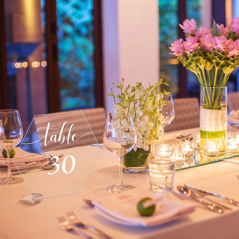 30 Pieces Acrylic Table Numbers 1-30 for Wedding Reception Clear Table Number Signs 1-30 with Stand Hexagonal Rectangle for Wedding Event Party Restaurant