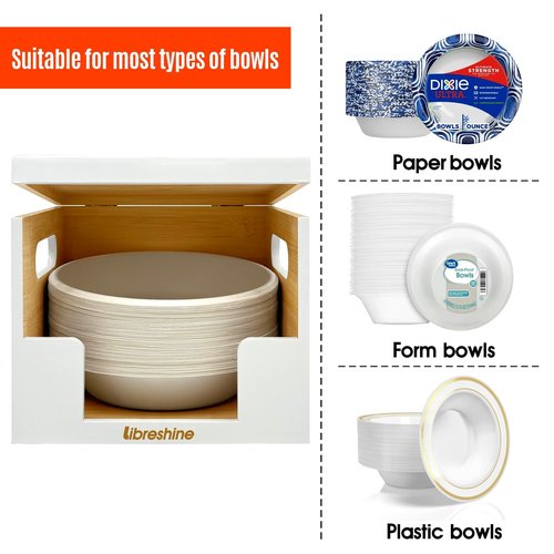 Libreshine Paper Bowl Dispenser Holder – White Bamboo Disposable Bowl Organizer for 8–32 oz, Holds 90+ Bowls – Clean & Space-Saving Countertop or Cabinet Storage, Upgraded Lid