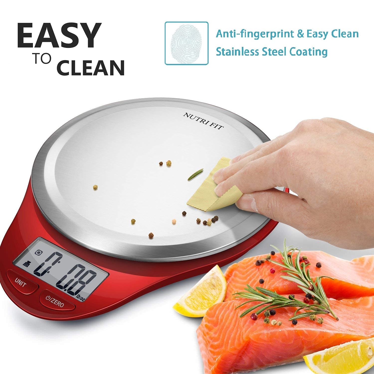 NUTRI FIT Digital Kitchen Scale - Large Stainless Steel Platform for Accurate Baking & Cooking | 1g Tare Function, Red