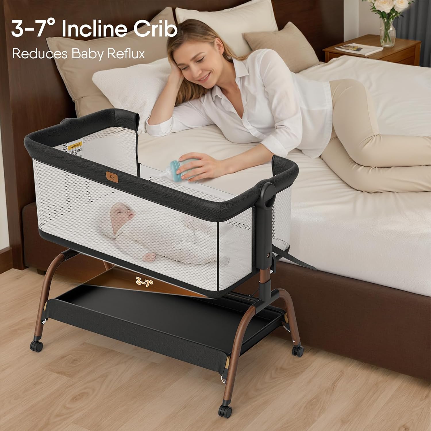 Skiennix Baby Bassinet - 3-in-1 Bedside Sleeper with Adjustable Height & Full-Mesh Sides for Newborns