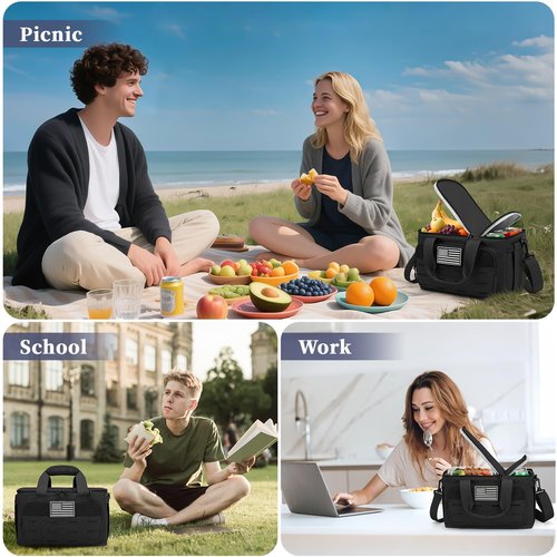 ZOMFELT Lunch Box for Men Women, 14L Tactical Insulated Lunch Bag with Dual Compartment, Leakproof Adult Lunch Bags with Shoulder Strap, Cooler Tote Box for Work, Beach, Picnic, Travel, Black