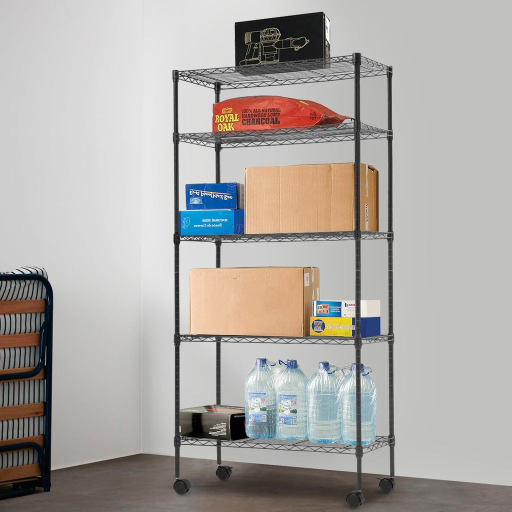 PayLessHere 5-Tier Wire Shelf with Wheels - Adjustable Heavy-Duty Storage Rack | Black | 14"x30"x60" | Rust-Resistant, No-Tool Assembly