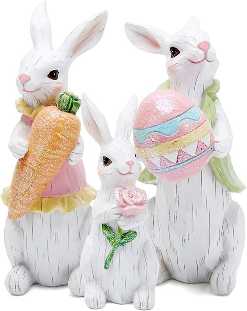 Hodao Easter Bunny Decorations - Spring Indoor Home Decor | Adorable White Bunny Figurines Set
