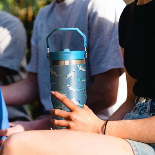 30oz Shark Tumbler with Handle and Flip Straw, Stainless Steel Insulated Cup, Travel Coffee Mug Water Bottle, Birthday Mothers Day Chritmas Gifts for Women Animal Lovers