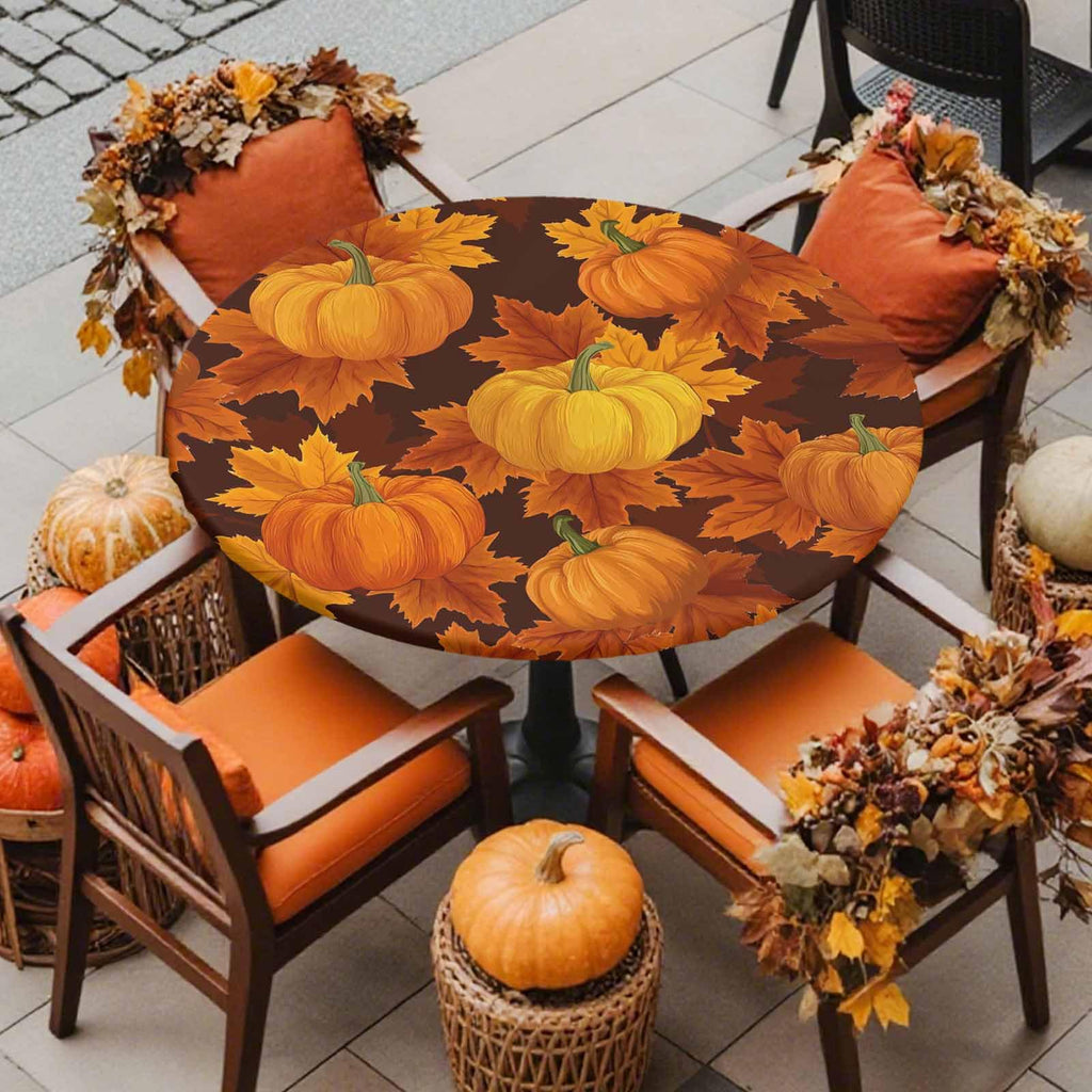 Thanksgiving Pumpkin Maple Leaves Round Table Cloth Fitted Tablecloth,Fall Table Cover with Elastic Edge Waterproof Table Cloth,Autumn Harvest Circle Table Covers for Kitchen Indoor Outdoor 45-54in