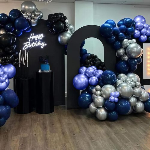 Blue and Black Balloons - Metallic Navy Blue & Silver Latex Balloons for Birthday & Baby Shower