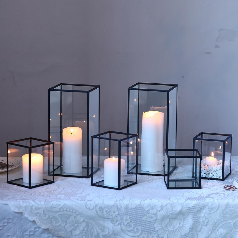 Phosphor 6 PCS Glass Hurricane Candle Holder, Black Glass Candle Holder for Wedding Party Christmas Or Home Decor