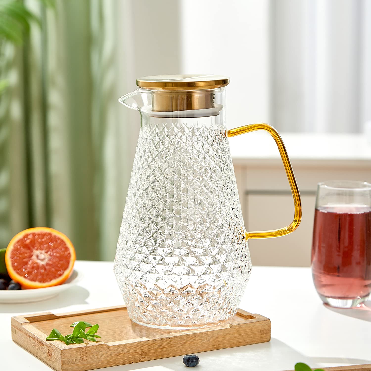 OTARTU Glass Pitcher,50oz/1.5 Liter Water Pitcher with S.S. Lid, Beverage Serveware, Iced Tea Jug,Water Carafe with Handle,Heat Resistant. Refrigerator Usable.