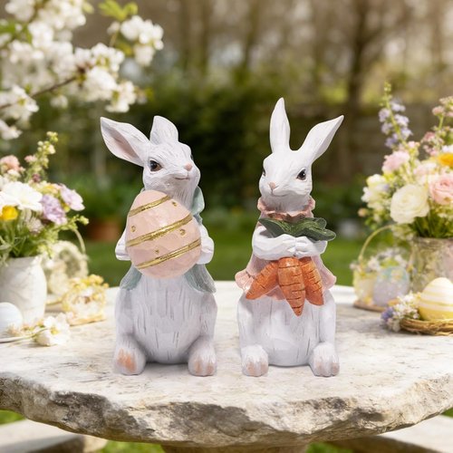 Hodao Easter Bunny Decorations - Spring Home Decor Bunny Figurines | Set of 2 White Rabbits