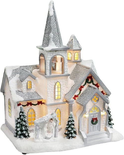 Moments In Time Lighted Musical Church | 11.7” Hand-Painted Christmas Village House with LED Lights