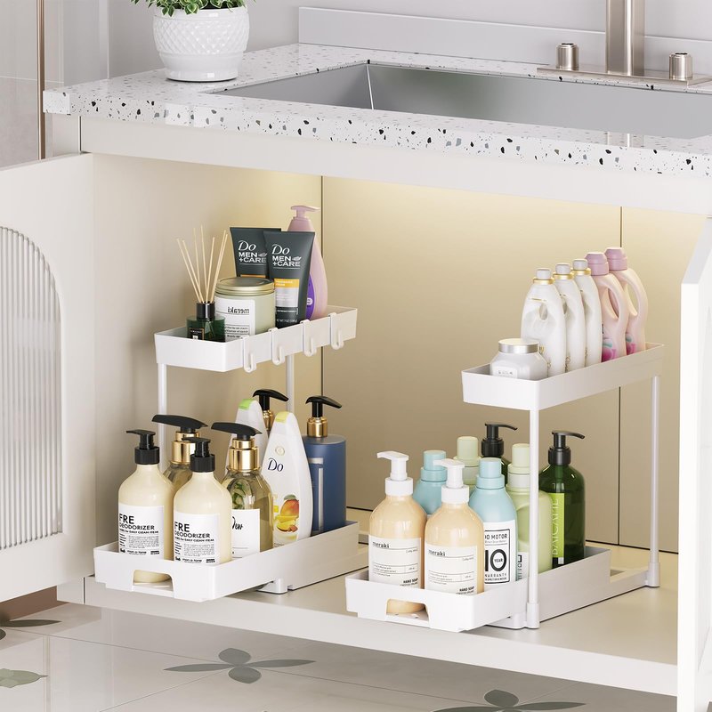 Delamu 2 Pack Under Sink Organizers and Storage, 2 Tier Pull Out Bathroom Cabinet Organizer, L-Shape White Under Bathroom Kitchen Sink Organizer with Drawer for Under Sink Storage Organizer