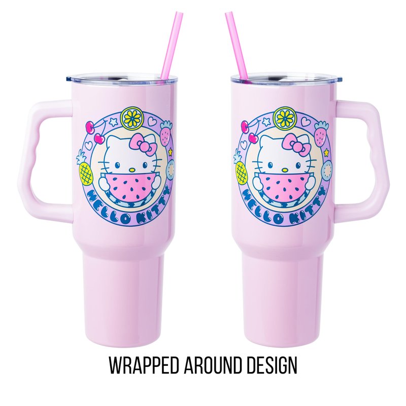 Silver Buffalo Sanrio Hello Kitty Summer Kawaii Fruits Double Walled Stainless Steel Tumbler with Handle, Fits in Standard Cup Holder, 40 Ounces