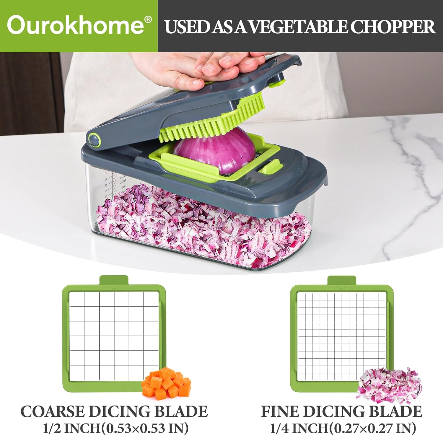 Ourokhome Manual Food Chopper & Mandolin Slicer - 8 Blades for Versatile Vegetable Dicing | Gray