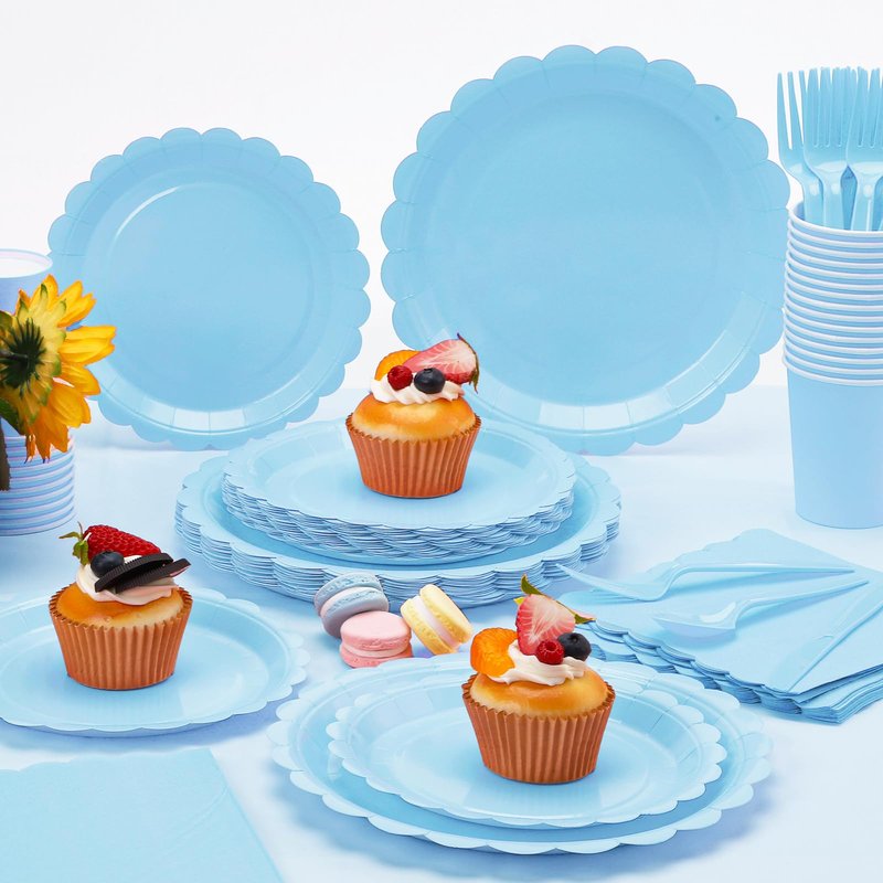 176 Pcs Light Blue Paper Plates and Napkins, Easter Plates Blue Party Supplies Include Light Blue paper plates Napkins Cup Plastic Tablecloth Spoon Fork Knives for Birthday Wedding Baby Shower