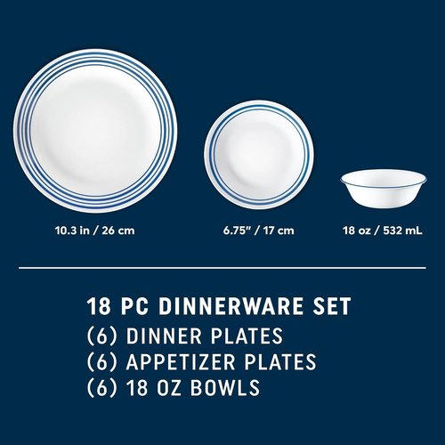 Corelle Vitrelle 18-Piece Dinnerware Set | Service for 6 | Triple Layer Chip & Crack Resistant - Laila Design